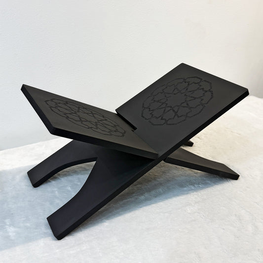 Black matte mahogany wooden Qur’an stand with Islamic geometric design